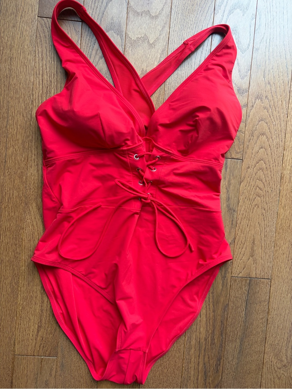 Womens Red One-Piece Swim Suit with Lace-Up Front